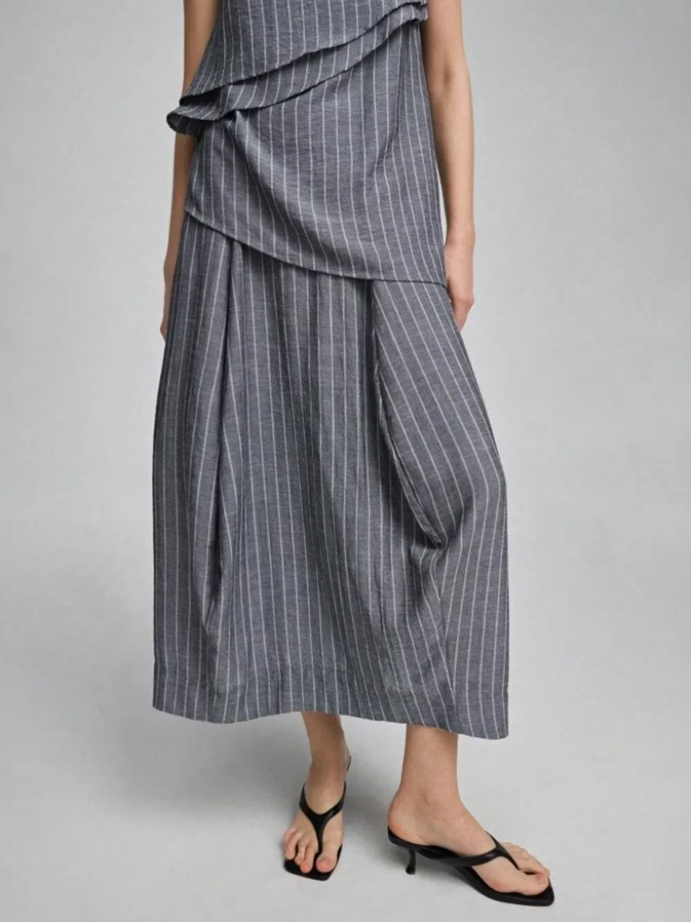 Gray Pinstripe Tiered Cami Top & Maxi Skirt Set
